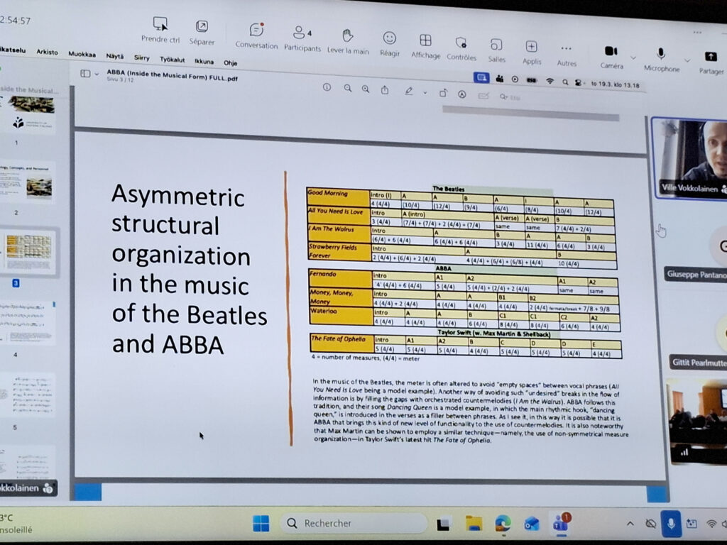 Skärmbild från ett digitalt möte där en presentation visas på en datorskärm. Bilden visar en slide med rubriken ”Asymmetric structural organization in the music of the Beatles and ABBA”. Till höger finns en tabell med musikexempel och taktarter, och till vänster syns presentationsmenyn. Deltagare i mötet syns i små videofönster längs kanten.